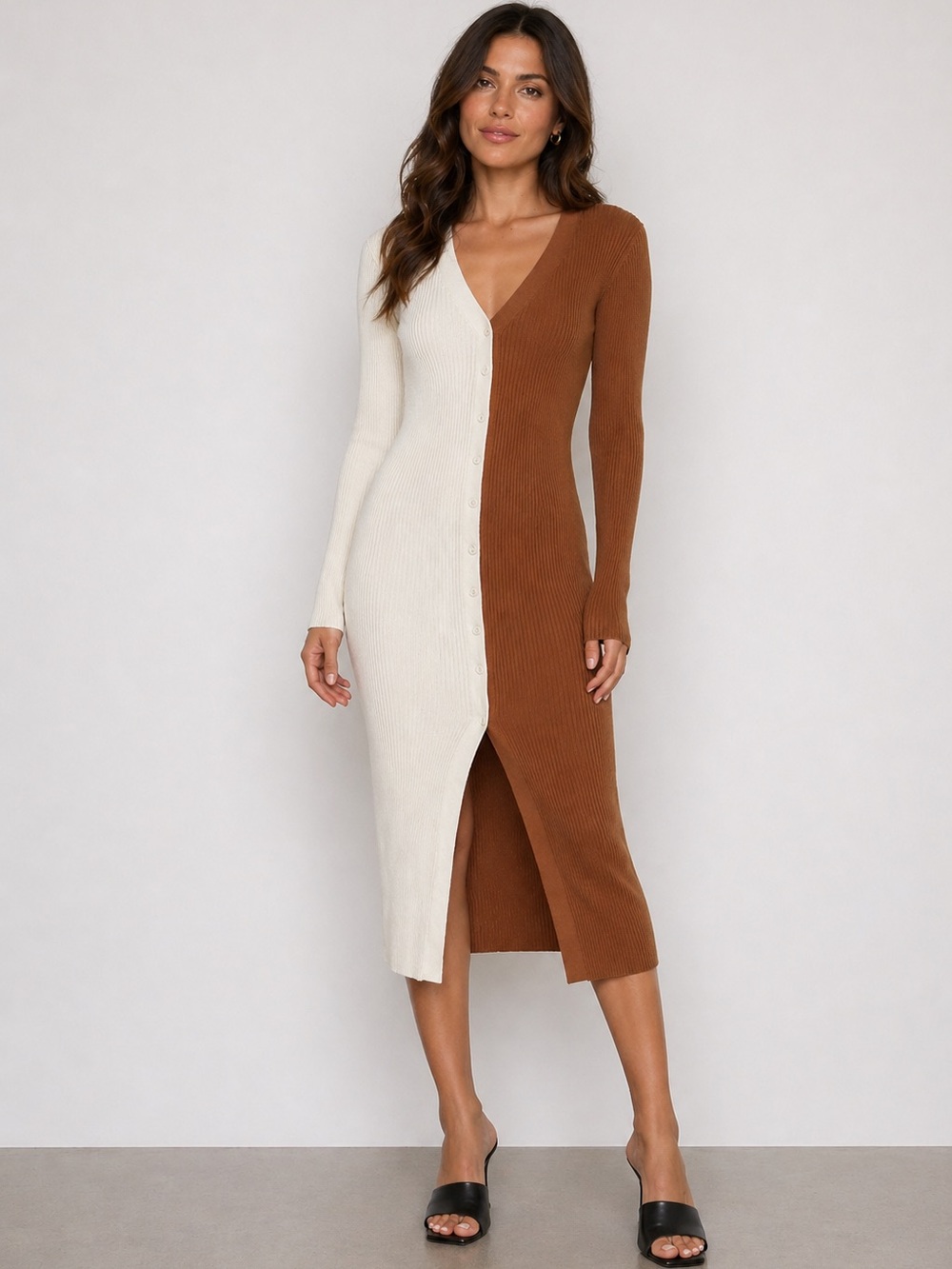 STAUD Two-Tone Ribbed Button-Front Midi Dress - White & Brown